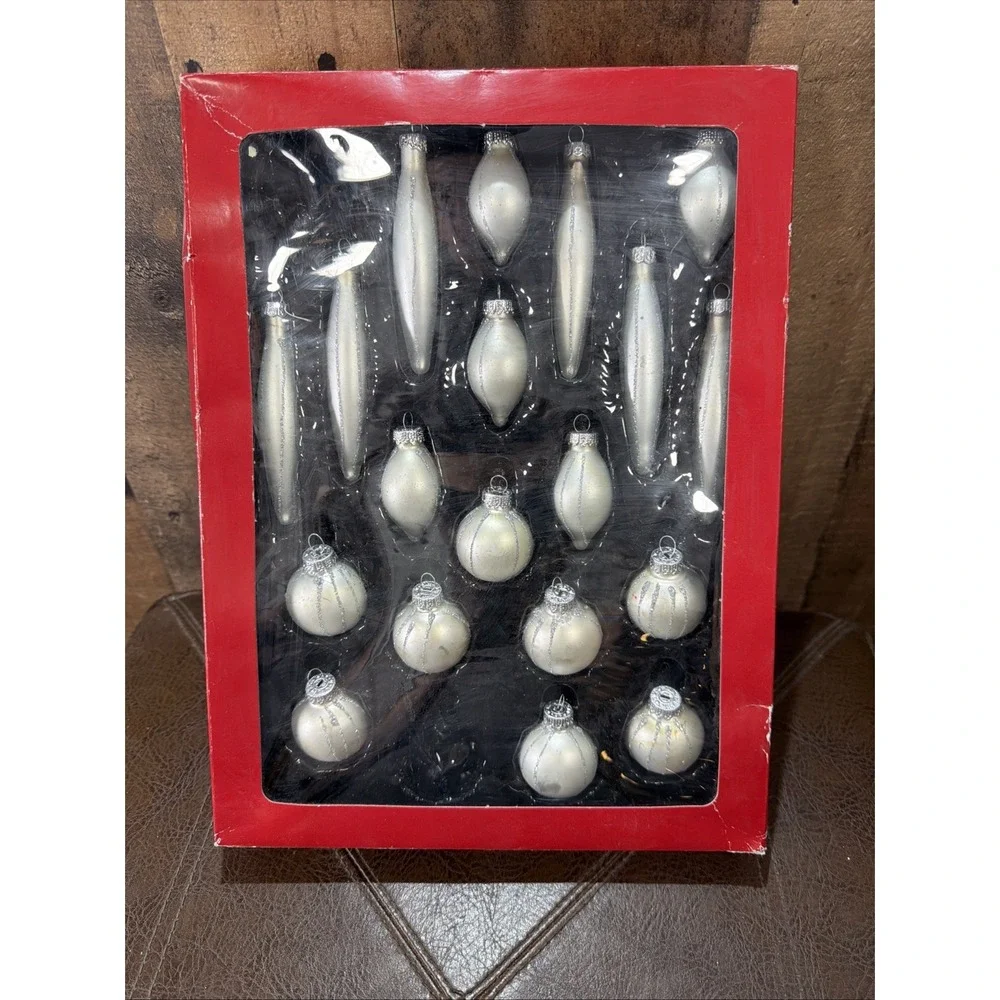 Yule Glass Christmas Ornaments White Silver Glitter In Box Set of 19 Assorted